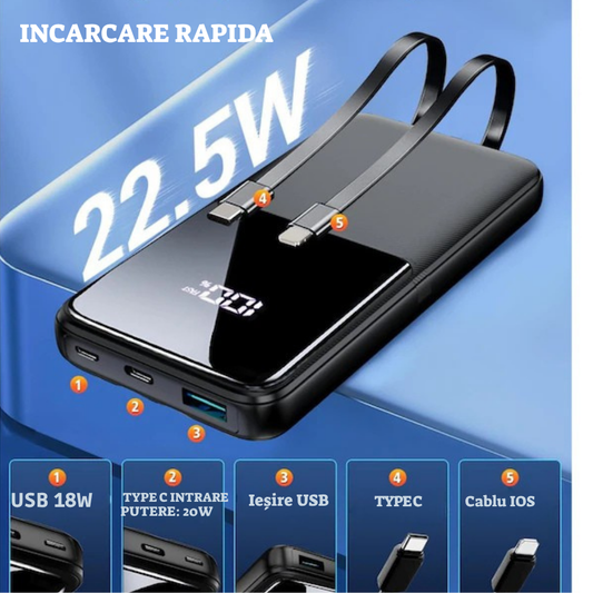 Baterie externa Power Bank 10000mAh cu Încărcare Rapidă 22.5W, Cabluri Incorporate iOS & Type-C, Display Digital, Negru