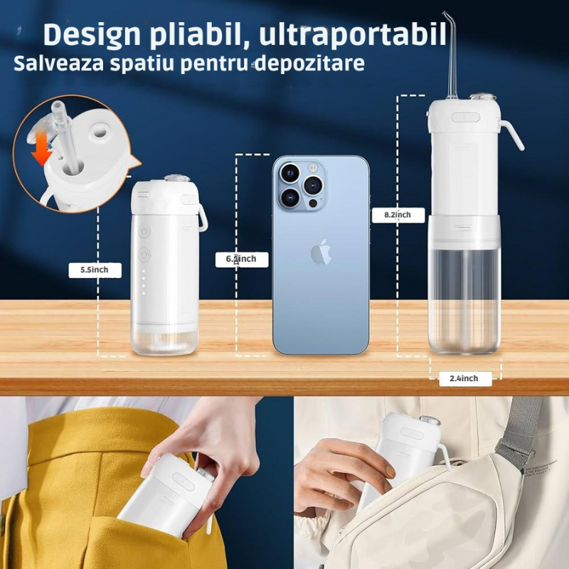 Irigator Oral Portabil Water Flosser - Dus Bucal, rezervor 200ML, 5 capete de curatare, 1400 Pulsatii/min, tehnologie Sonic Bubble, IPX7, Alb