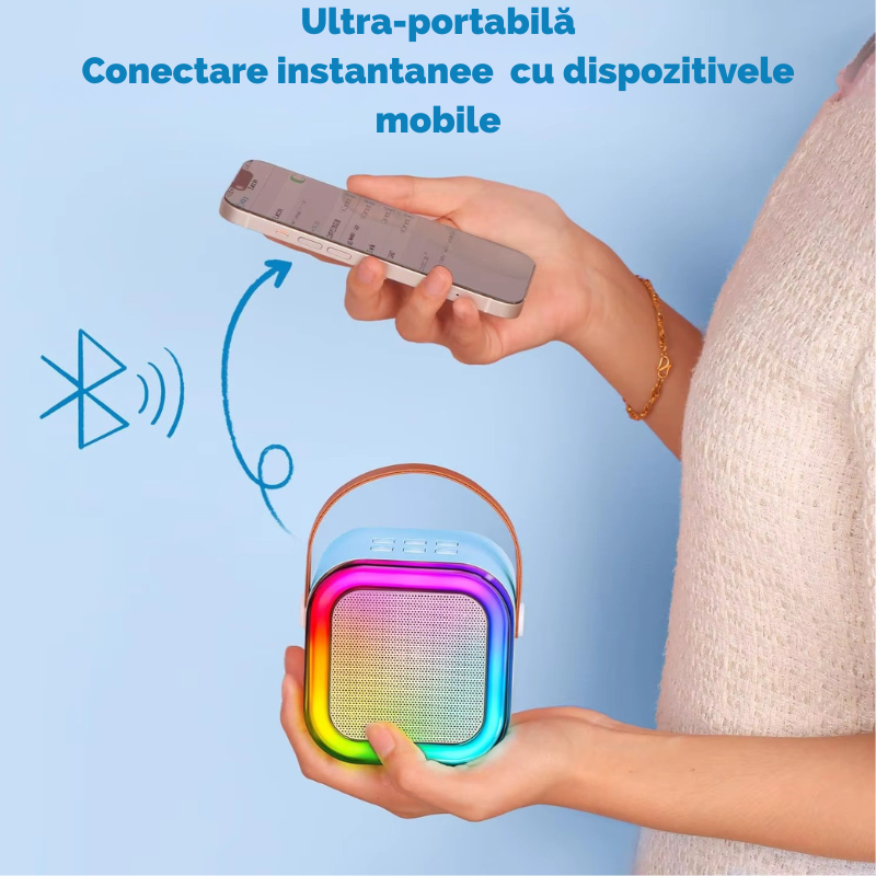 Boxa portabila Karaoke pentru copii, 2 microfoane wireless, conexiune Bluetooth, jocuri de lumini RGB, Albastru