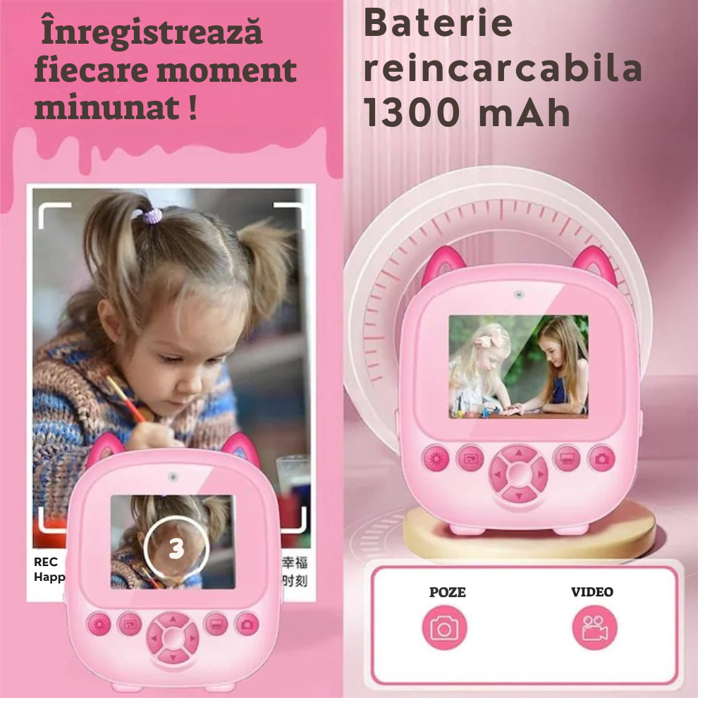 Camera Foto Digitala pentru Copii si Imprimanta termica, Ecran 2.4 Inch, Dual Lens 1080P, Filtre Creative, Foto si Video HD, Roz