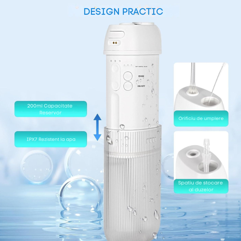 Irigator Oral Portabil Water Flosser - Dus Bucal, rezervor 200ML, 5 capete de curatare, 1400 Pulsatii/min, tehnologie Sonic Bubble, IPX7, Alb