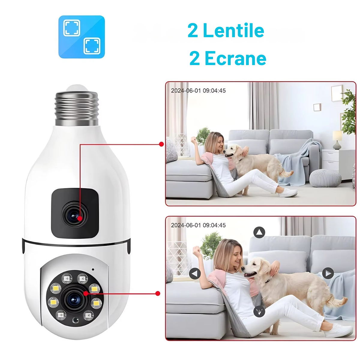 Cameră Supraveghere Bec WiFi 360° cu Două Lentile, Viziune Nocturnă Color, Audio Bidirecțional – Compatibilă Android/iOS/Windows
