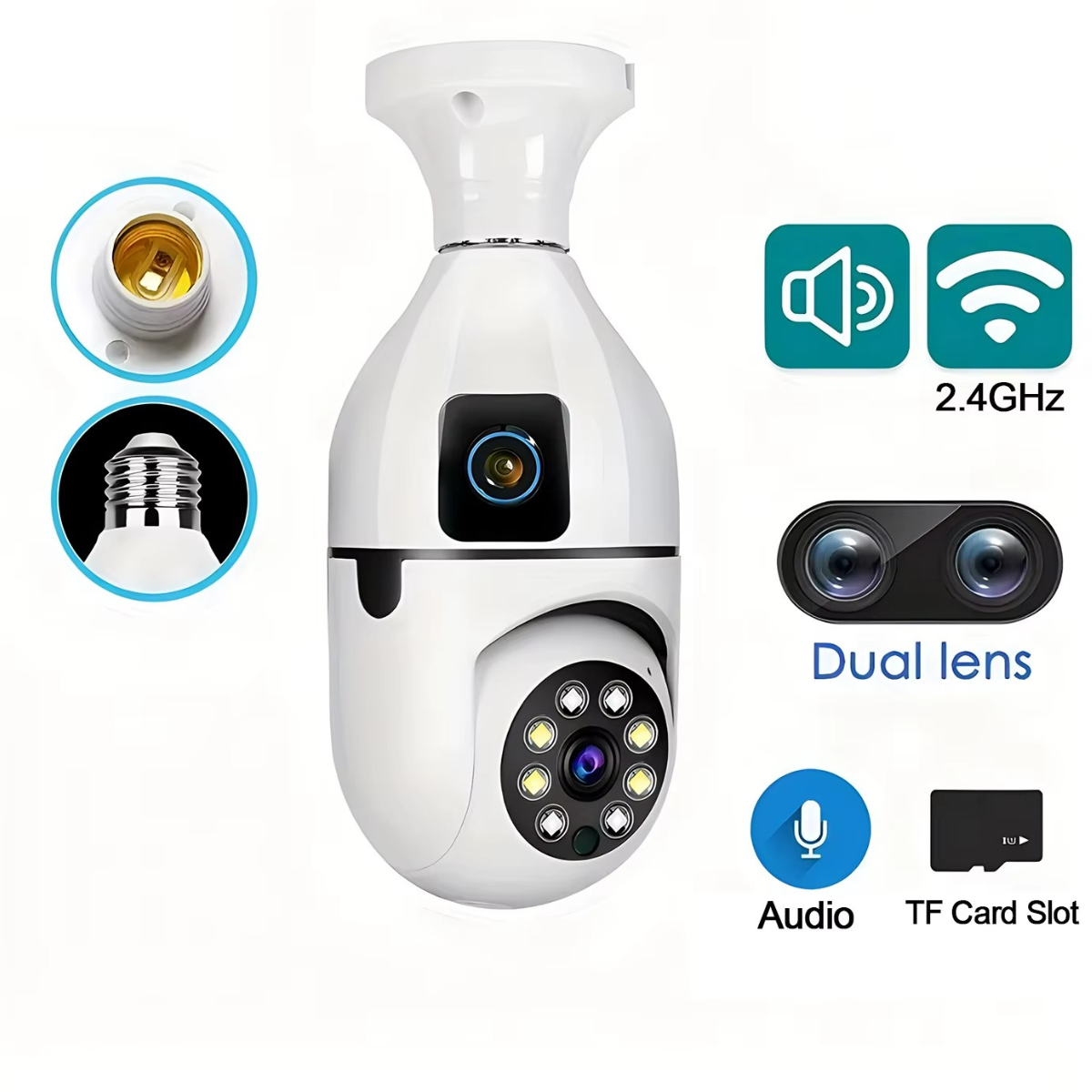 Cameră Supraveghere Bec WiFi 360° cu Două Lentile, Viziune Nocturnă Color, Audio Bidirecțional – Compatibilă Android/iOS/Windows