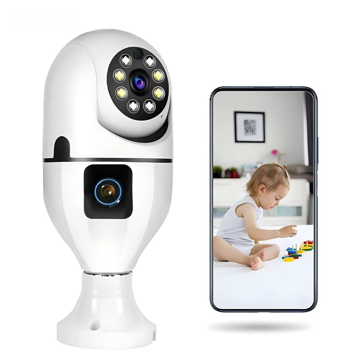 Cameră Supraveghere Bec WiFi 360° cu Două Lentile, Viziune Nocturnă Color, Audio Bidirecțional – Compatibilă Android/iOS/Windows