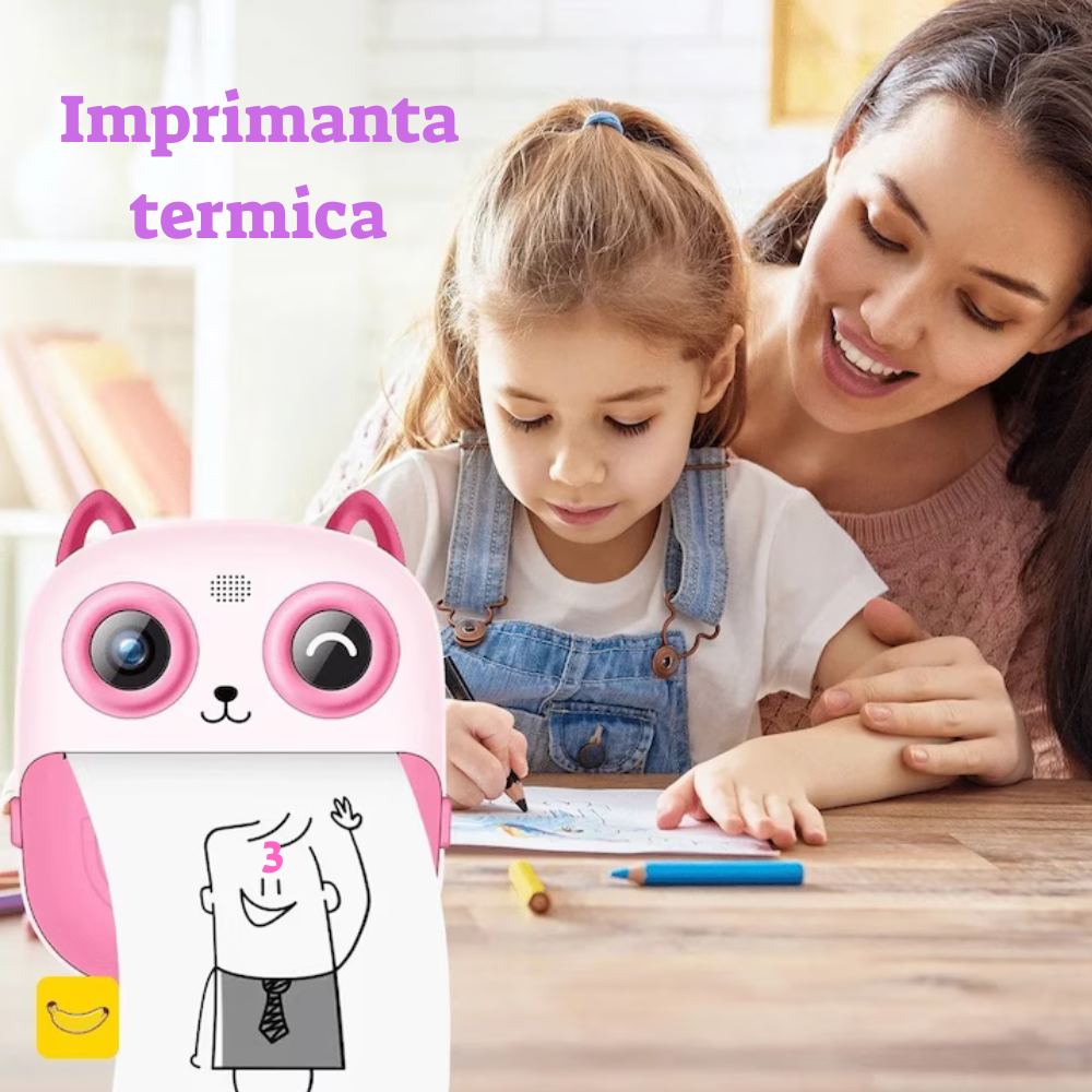 Camera Foto Digitala pentru Copii si Imprimanta termica, Ecran 2.4 Inch, Dual Lens 1080P, Filtre Creative, Foto si Video HD, Roz