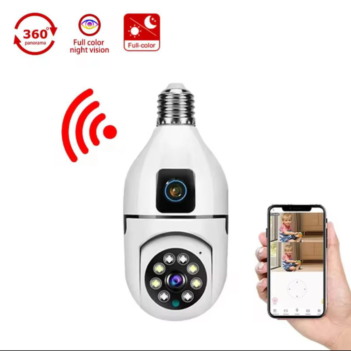 Cameră Supraveghere Bec WiFi 360° cu Două Lentile, Viziune Nocturnă Color, Audio Bidirecțional – Compatibilă Android/iOS/Windows