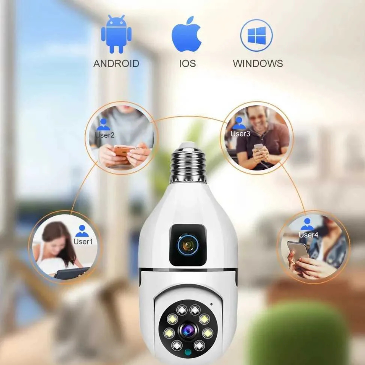 Cameră Supraveghere Bec WiFi 360° cu Două Lentile, Viziune Nocturnă Color, Audio Bidirecțional – Compatibilă Android/iOS/Windows