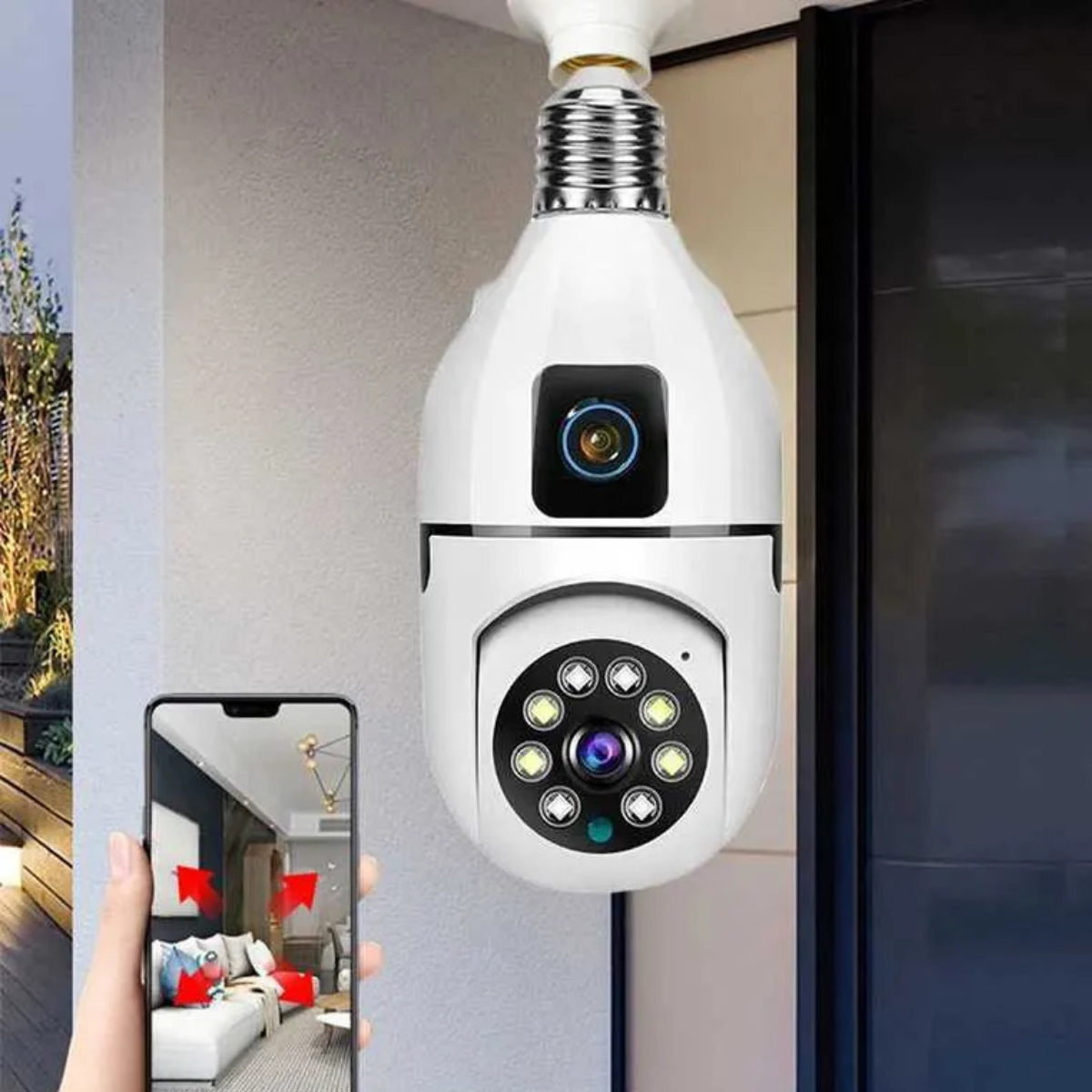 Cameră Supraveghere Bec WiFi 360° cu Două Lentile, Viziune Nocturnă Color, Audio Bidirecțional – Compatibilă Android/iOS/Windows