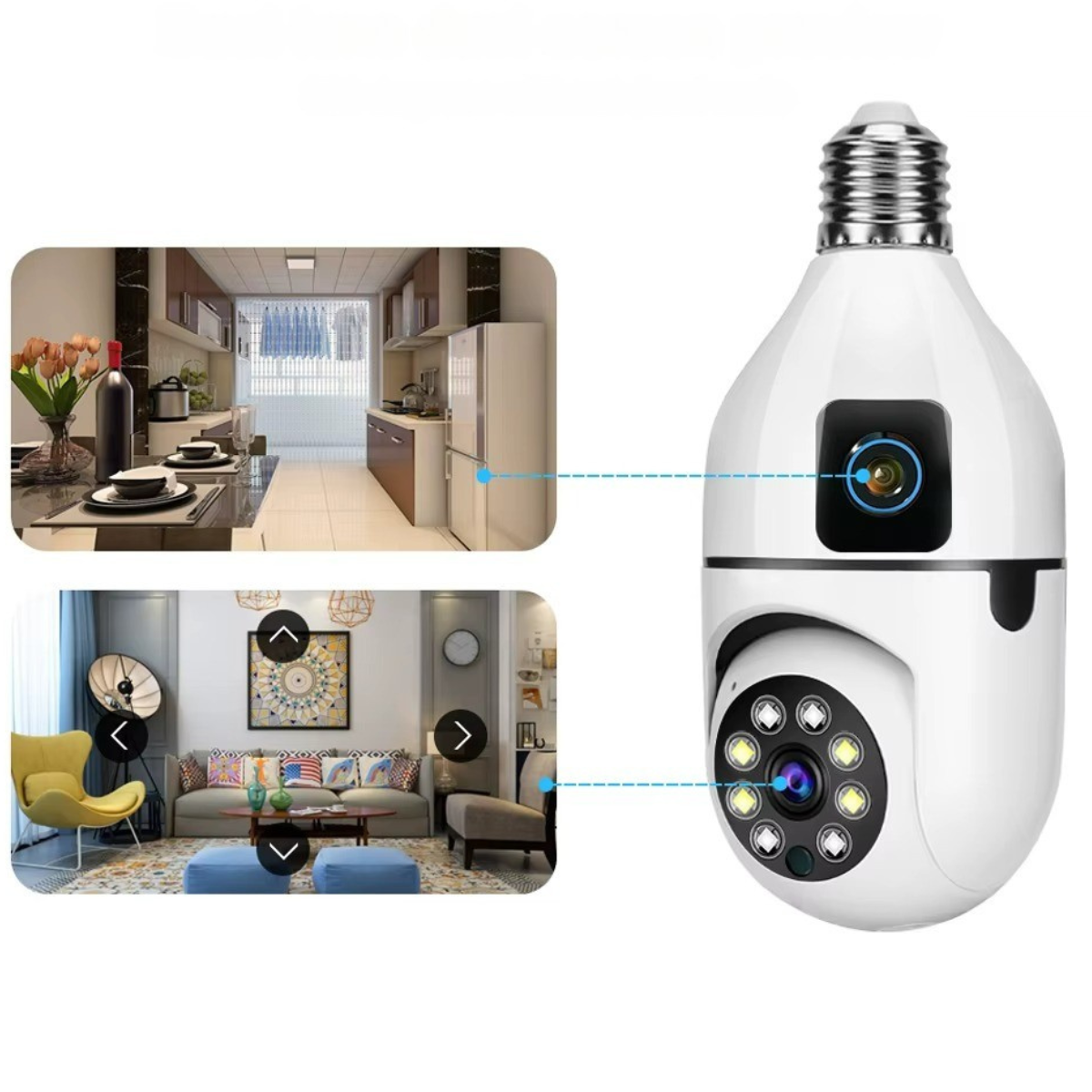 Cameră Supraveghere Bec WiFi 360° cu Două Lentile, Viziune Nocturnă Color, Audio Bidirecțional – Compatibilă Android/iOS/Windows