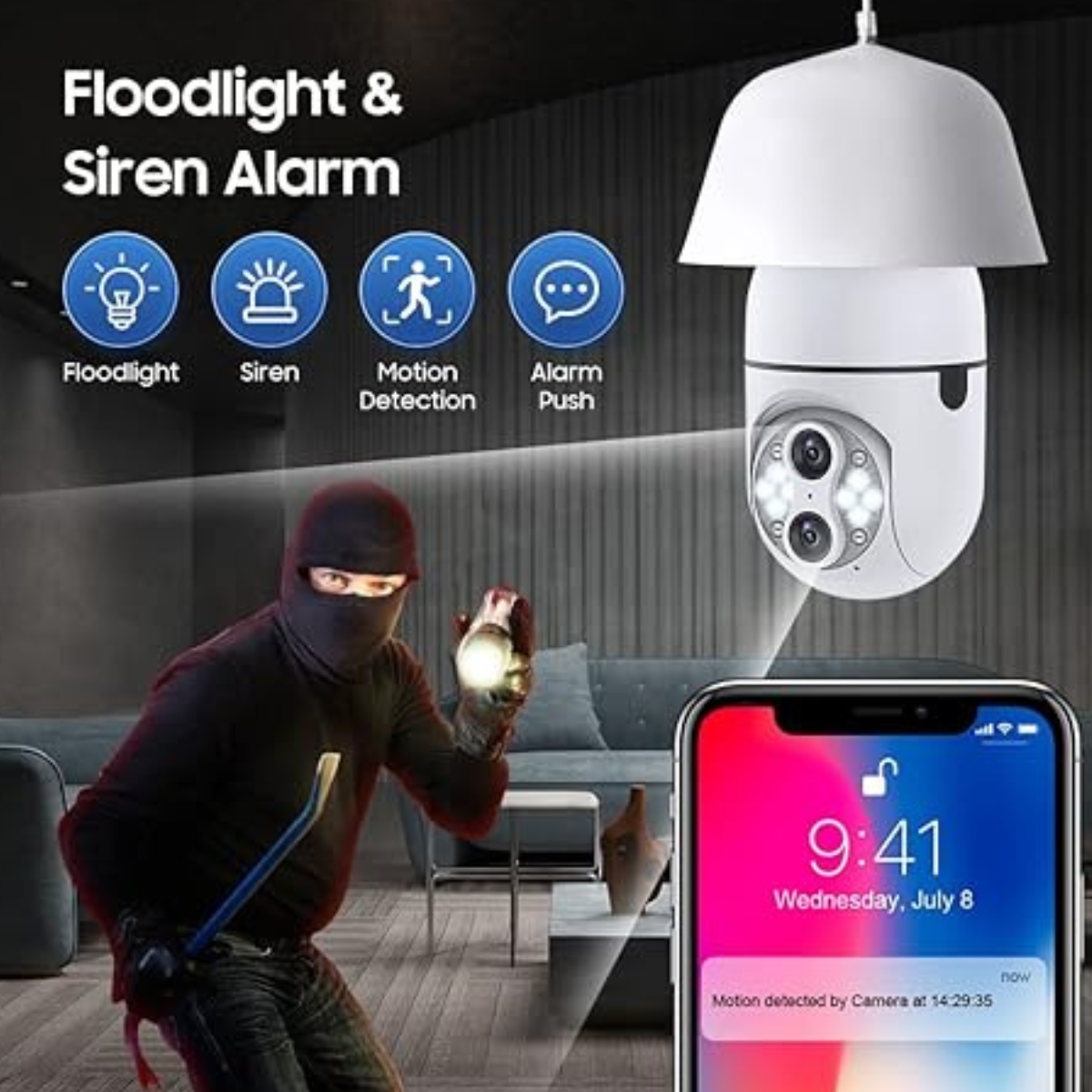 Cameră Supraveghere Bec WiFi 360° cu 2 Lentile, Viziune Nocturnă Color, Audio Bidirecțional, Compatibilă cu IOS & Android