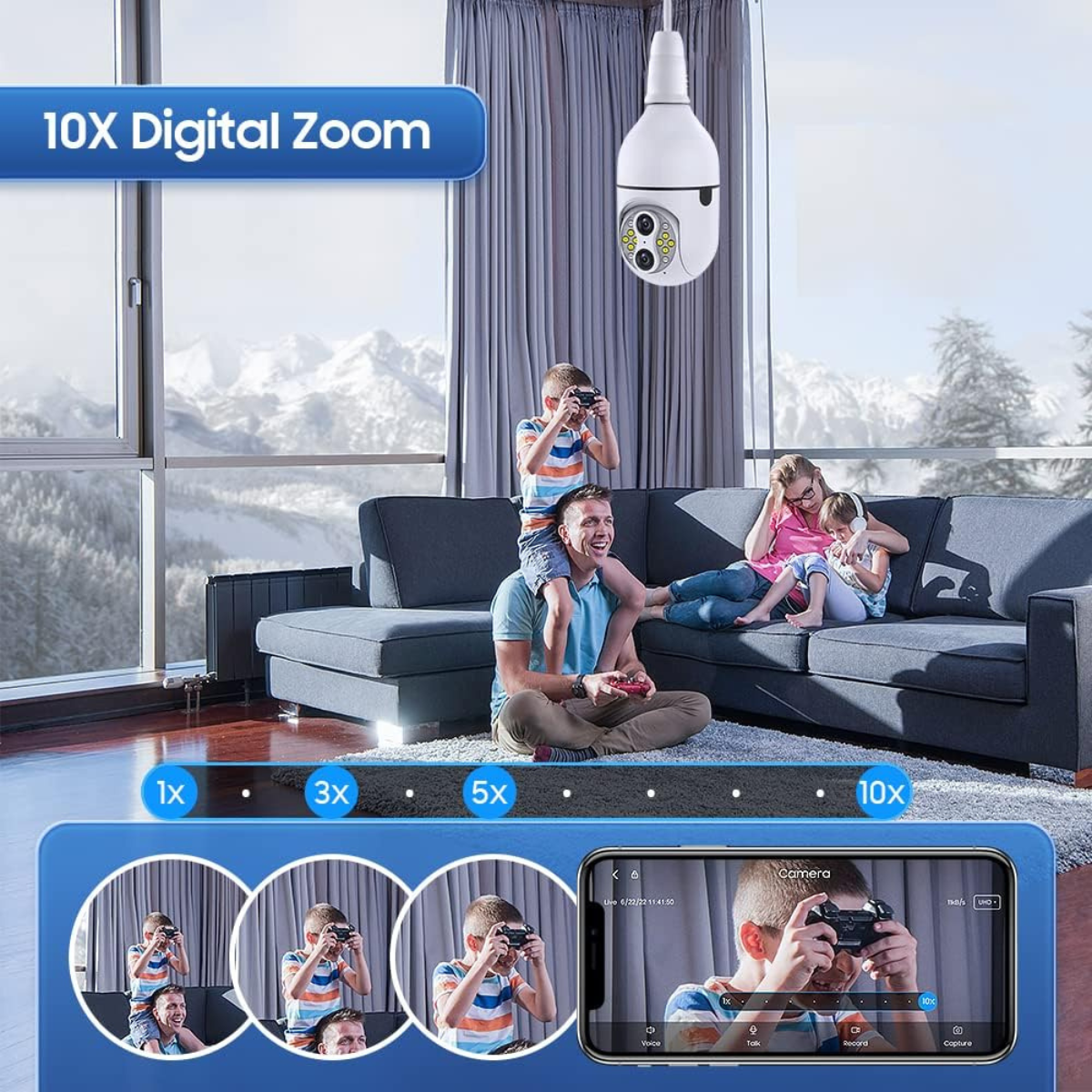 Cameră Supraveghere Bec WiFi 360° cu 2 Lentile, Viziune Nocturnă Color, Audio Bidirecțional, Compatibilă cu IOS & Android