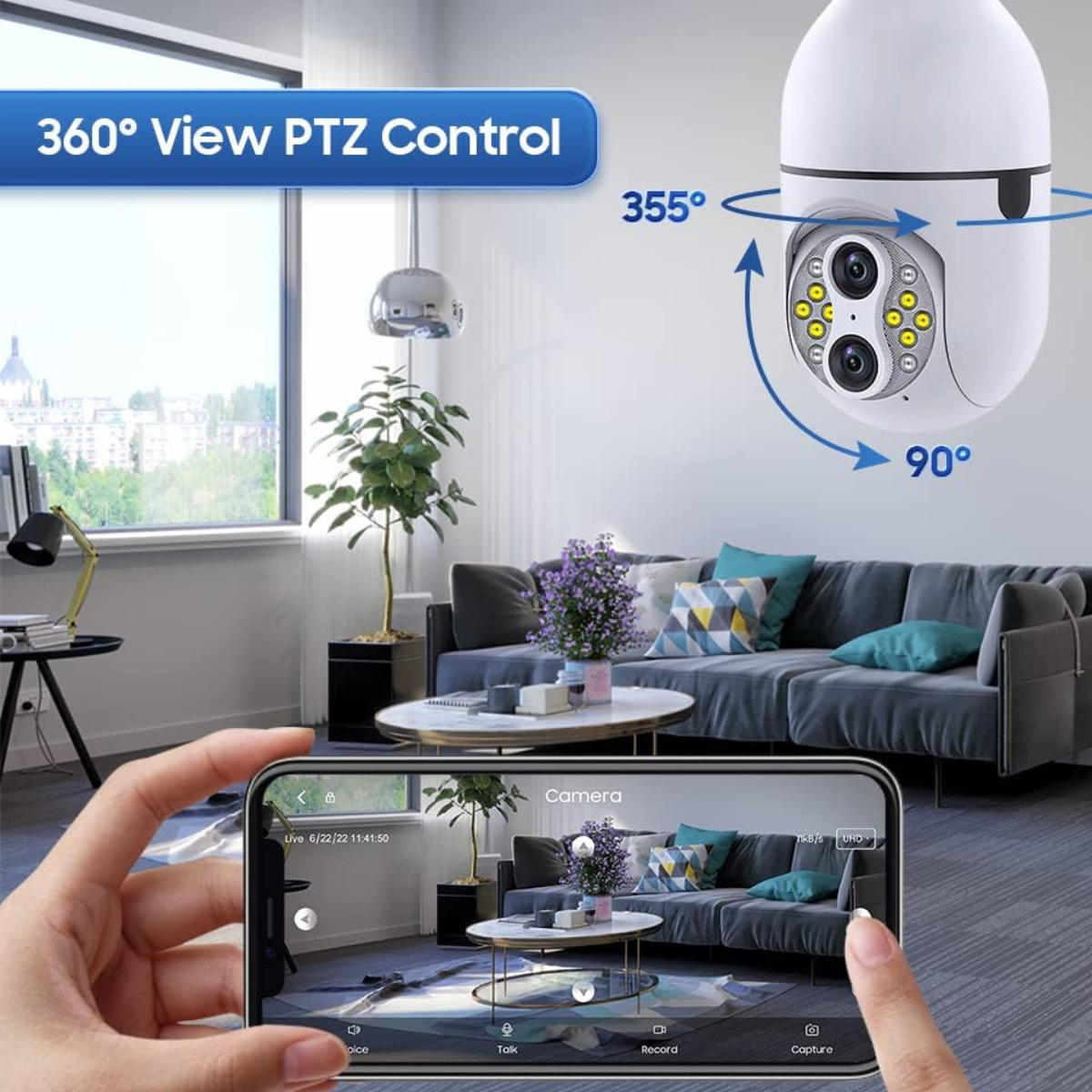 Cameră Supraveghere Bec WiFi 360° cu 2 Lentile, Viziune Nocturnă Color, Audio Bidirecțional, Compatibilă cu IOS & Android