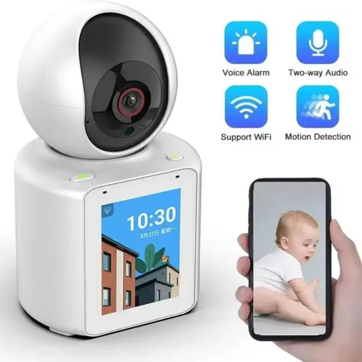 Cameră supraveghere Wi-Fi Smart cu Apel Video, Ecran 2.8", Audio Bidirecțional, Detecție Mișcare și Viziune Nocturnă – Monitorizare 360° pentru Copii și Seniori