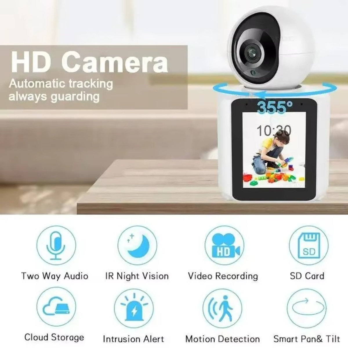 Cameră supraveghere Wi-Fi Smart cu Apel Video, Ecran 2.8", Audio Bidirecțional, Detecție Mișcare și Viziune Nocturnă – Monitorizare 360° pentru Copii și Seniori