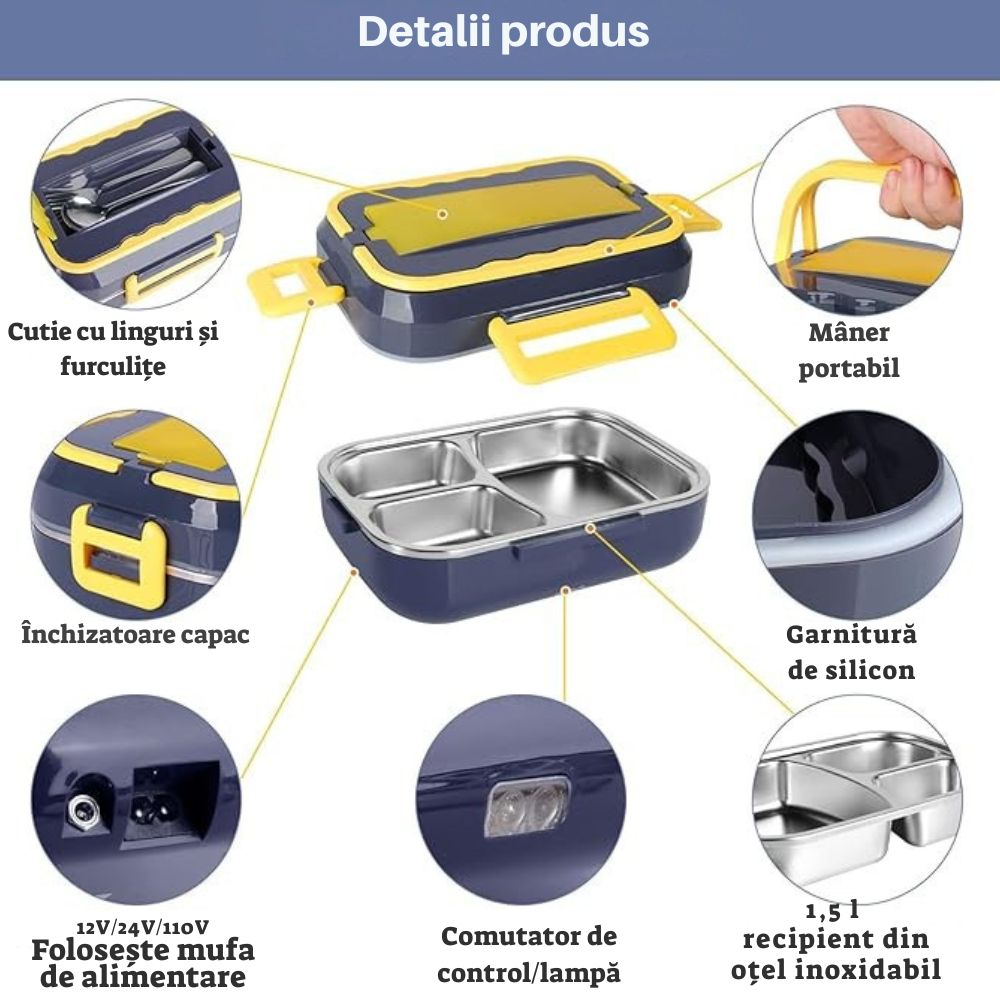 Caserolă Electrică Încălzire Mâncare, 1.5, Portabilă, Inox, Anti-Scurgeri – Ideală pentru Auto, Birou, Calatorie