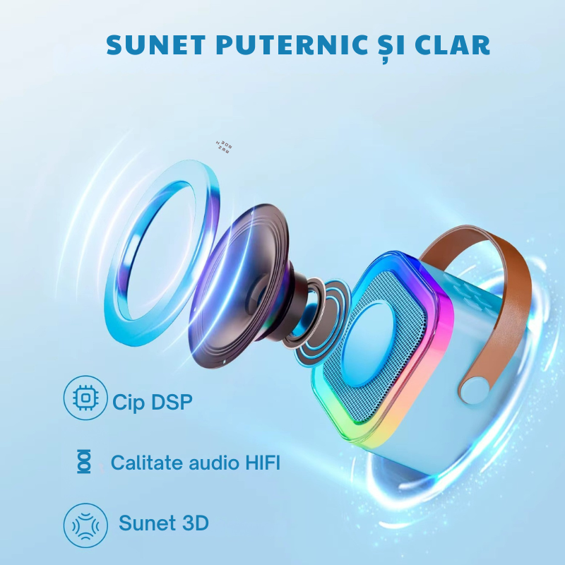 Boxa portabila Karaoke pentru copii, 2 microfoane wireless, conexiune Bluetooth, jocuri de lumini RGB, Albastru