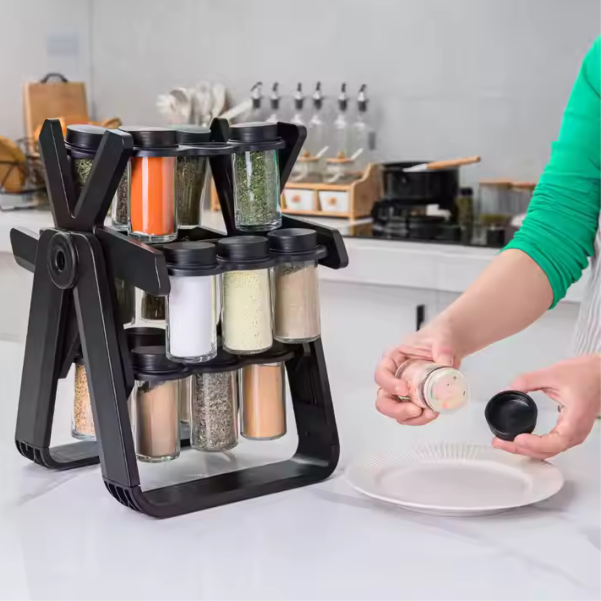 Organizator condimente rotativ 360° cu 18 recipiente – pentru bucătărie, cu etichete și pâlnie incluse