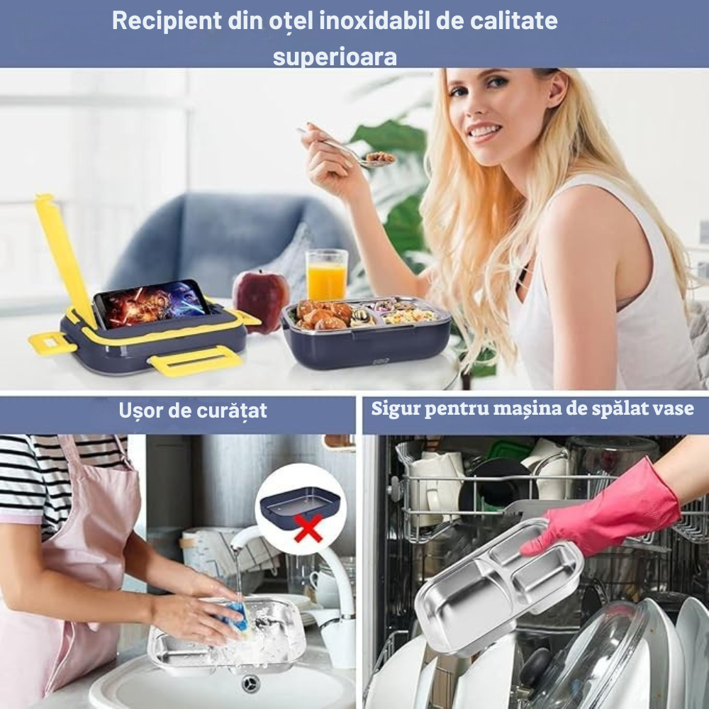 Caserolă Electrică Încălzire Mâncare, 1.5, Portabilă, Inox, Anti-Scurgeri – Ideală pentru Auto, Birou, Calatorie