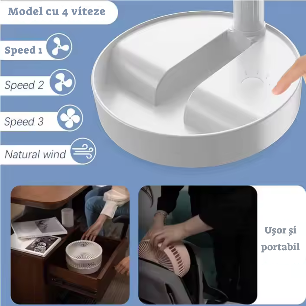 Ventilator Pliabil și Extensibil, Incarcare USB, Silențios, Reglabil pe Înălțime – Ideal pentru Birou, Dormitor sau Camping