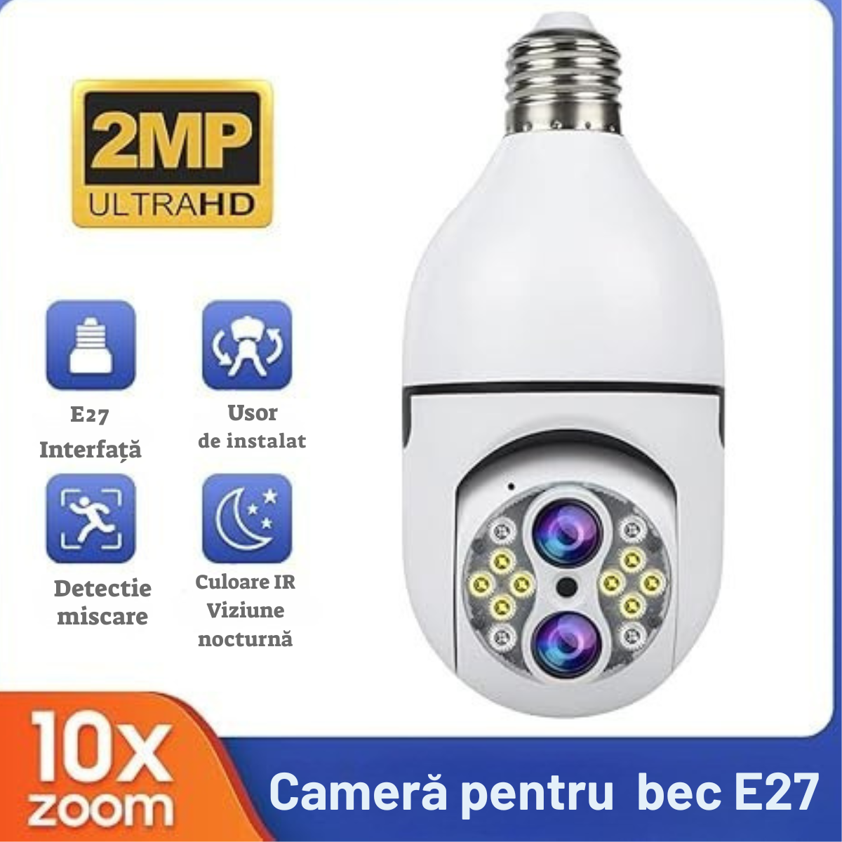 Cameră Supraveghere Bec WiFi 360° cu 2 Lentile, Viziune Nocturnă Color, Audio Bidirecțional, Compatibilă cu IOS & Android