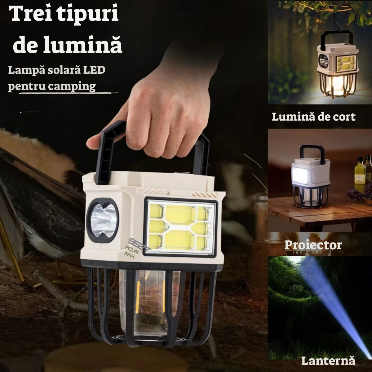 Lampa Solară Tip Felinar – Luminozitate Reglabilă, Agățătoare Metalică, Încărcare Solară