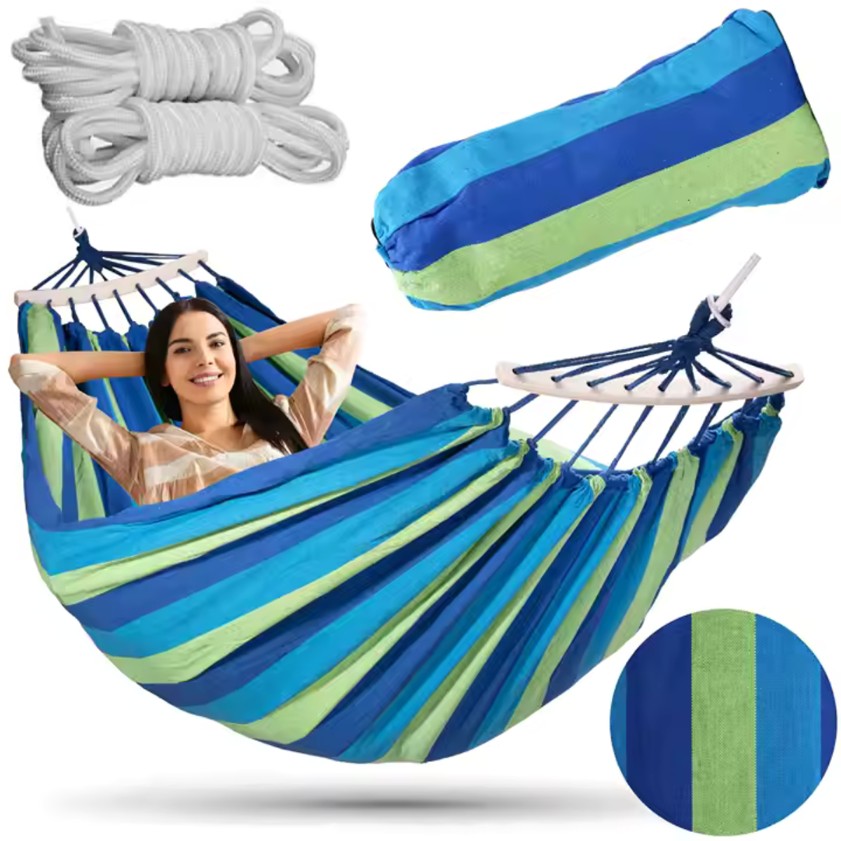 Hamac Textil cu Bare din Lemn – Confort Maxim, Ideal pentru Grădină, Camping sau Terasă