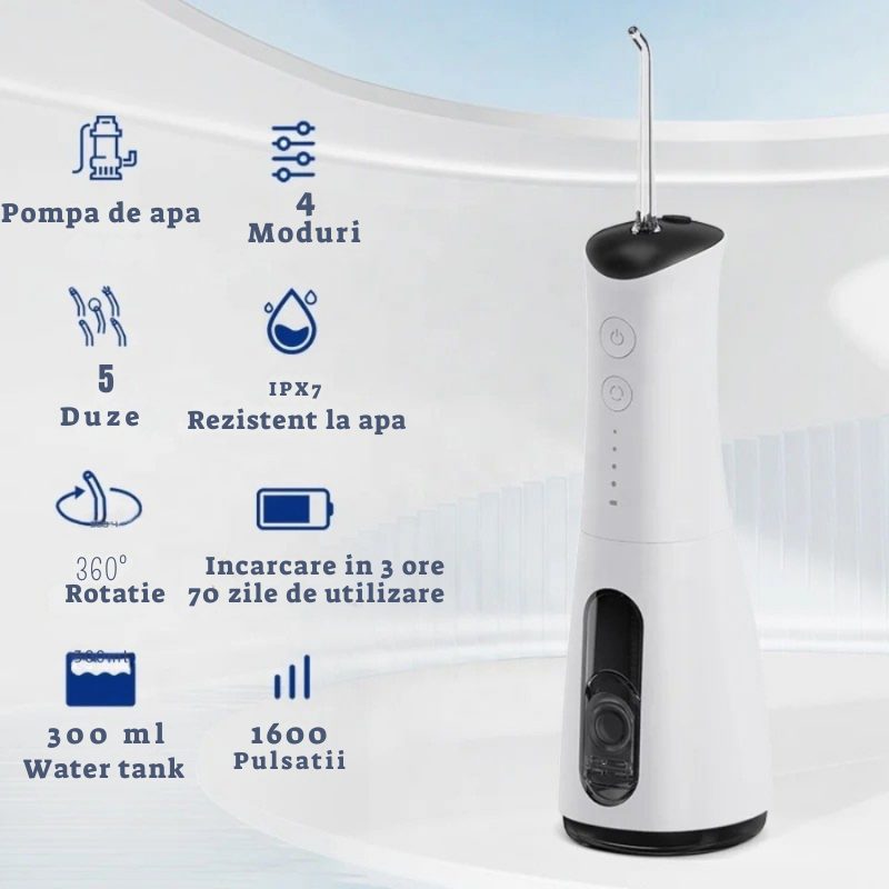 Irigator Oral Water flosser - Dus Bucal, Rezervor 300ml, 5 Capete de Curatare, 1600 pulsatii/minut, Tehnologie Sonic Bubble, IPX7, Alb