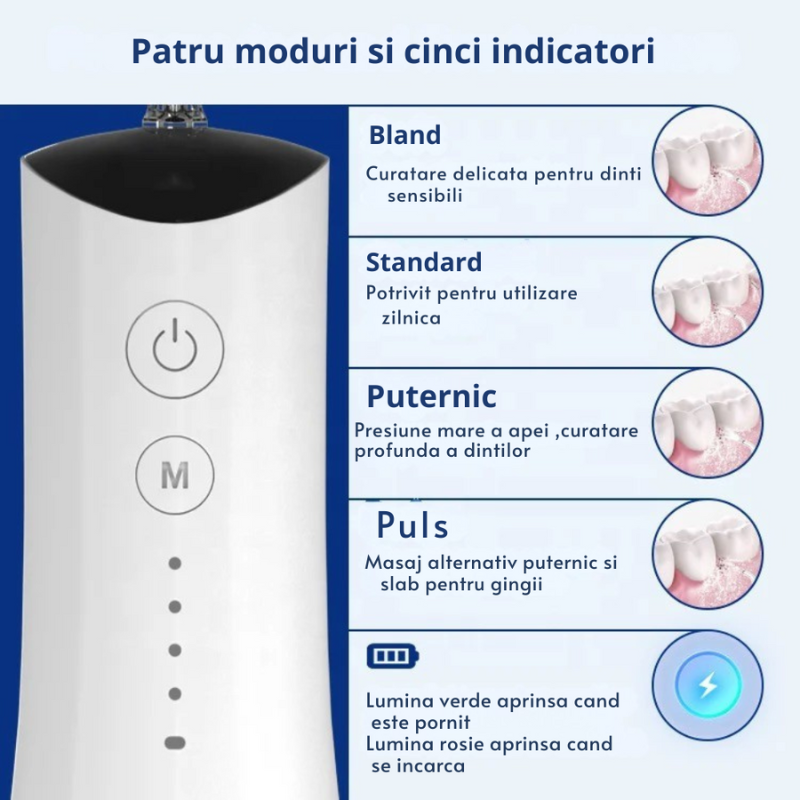 Irigator Oral Water flosser - Dus Bucal, Rezervor 300ml, 5 Capete de Curatare, 1600 pulsatii/minut, Tehnologie Sonic Bubble, IPX7, Alb