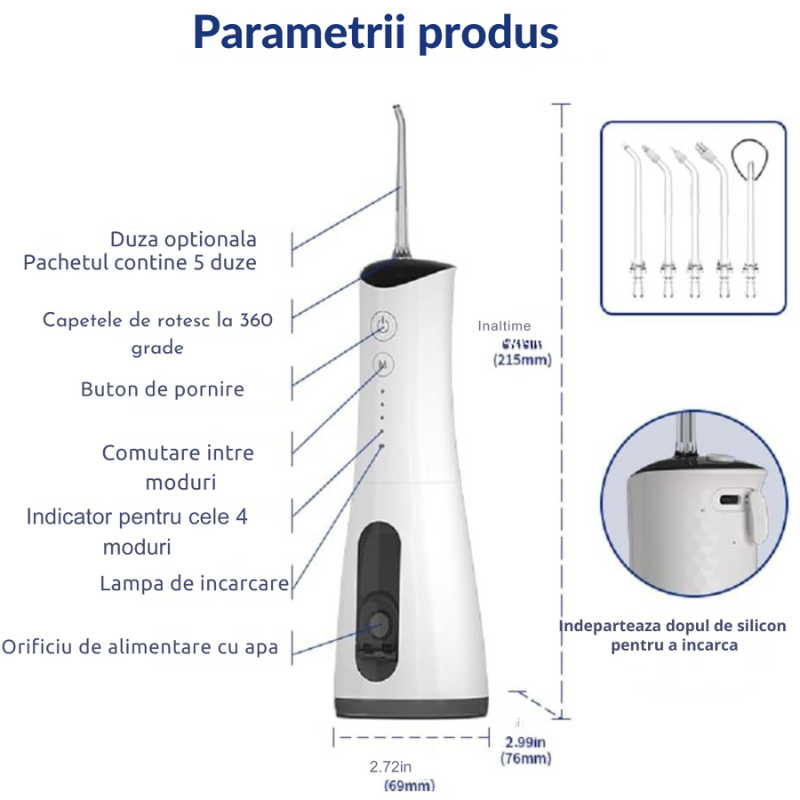 Irigator Oral Water flosser - Dus Bucal, Rezervor 300ml, 5 Capete de Curatare, 1600 pulsatii/minut, Tehnologie Sonic Bubble, IPX7, Alb