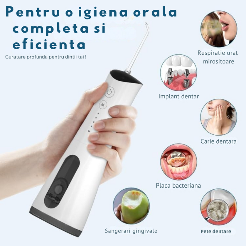 Irigator Oral Water flosser - Dus Bucal, Rezervor 300ml, 5 Capete de Curatare, 1600 pulsatii/minut, Tehnologie Sonic Bubble, IPX7, Alb