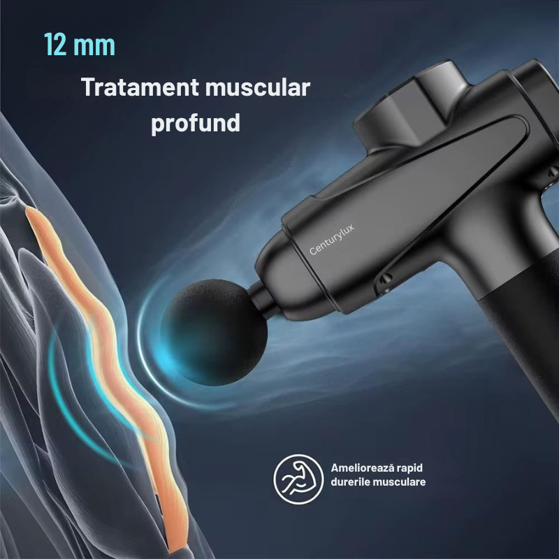 Pistol Masaj Profesional CenturyLux® – 12 Capete, 30 Viteze, 3300 Percuții/min,+ Geantă Transport – Relaxare, Tonifiere & Anticelulitic – Negru