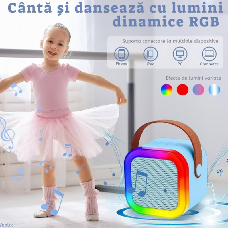 Boxa portabila Karaoke pentru copii, 2 microfoane wireless, conexiune Bluetooth, jocuri de lumini RGB, Albastru