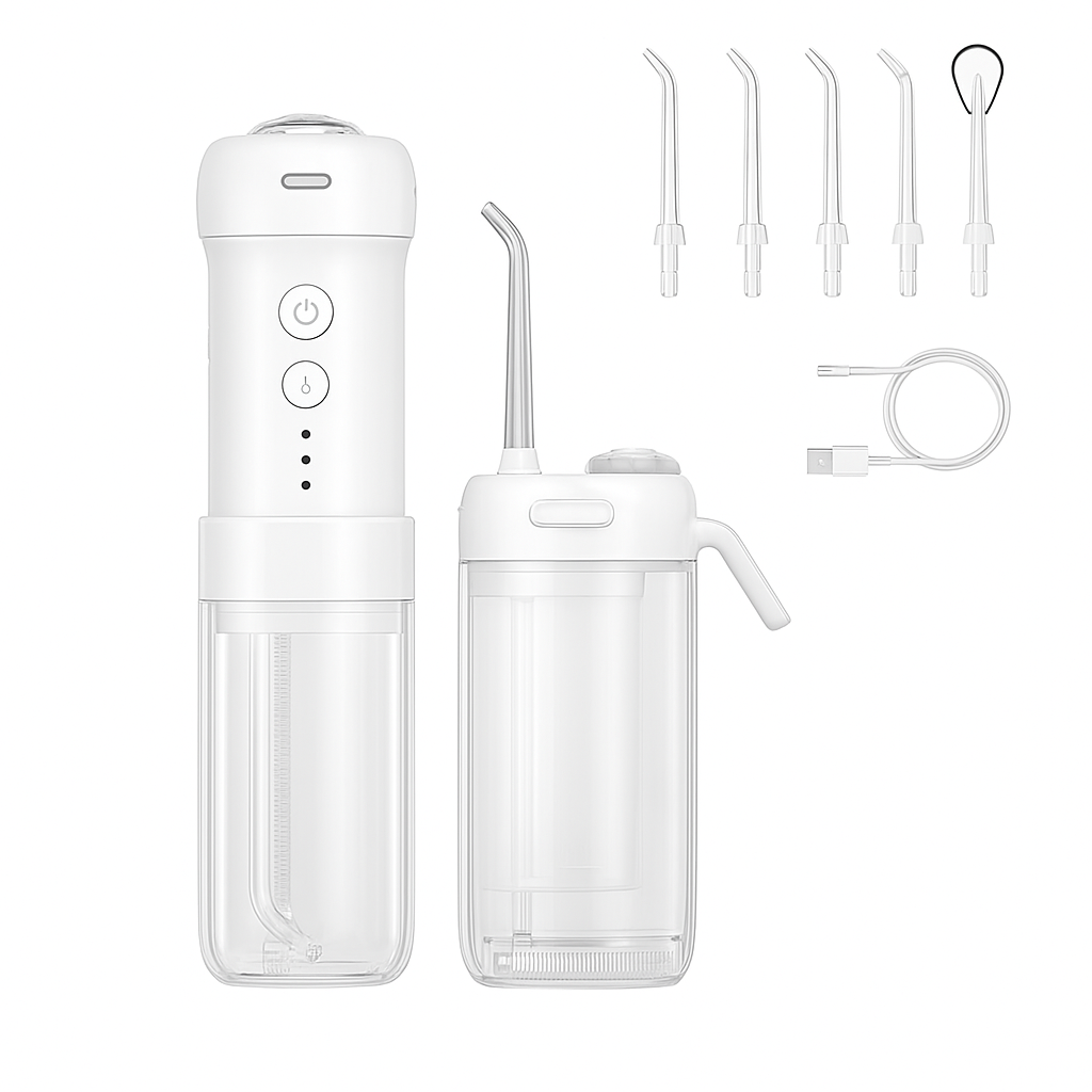 Irigator Oral Portabil Water Flosser - Dus Bucal, rezervor 200ML, 5 capete de curatare, 1400 Pulsatii/min, tehnologie Sonic Bubble, IPX7, Alb