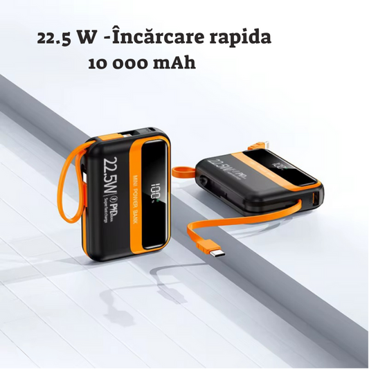 Baterie externa Power Bank 10000mAh cu Încărcare Rapidă 22.5W, Cabluri Incorporate iOS & Type-C, Display Digital, Negru