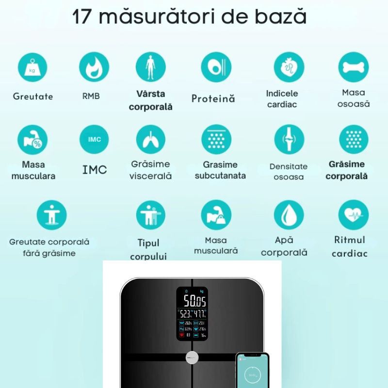 Cantar Corporal Smart Welland – 17 Indici analiza corporala, Bluetooth, LCD Color, Compatibil Fitdays / Fitbit / Apple Health – Negru, 180 kg