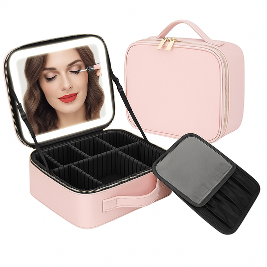 Portfard-Geanta Cosmetice cu Oglindă LED Touch, Compartimente Reglabile, Roz Pastel – Ideala pentru Voiaj și Machiaj Profesional