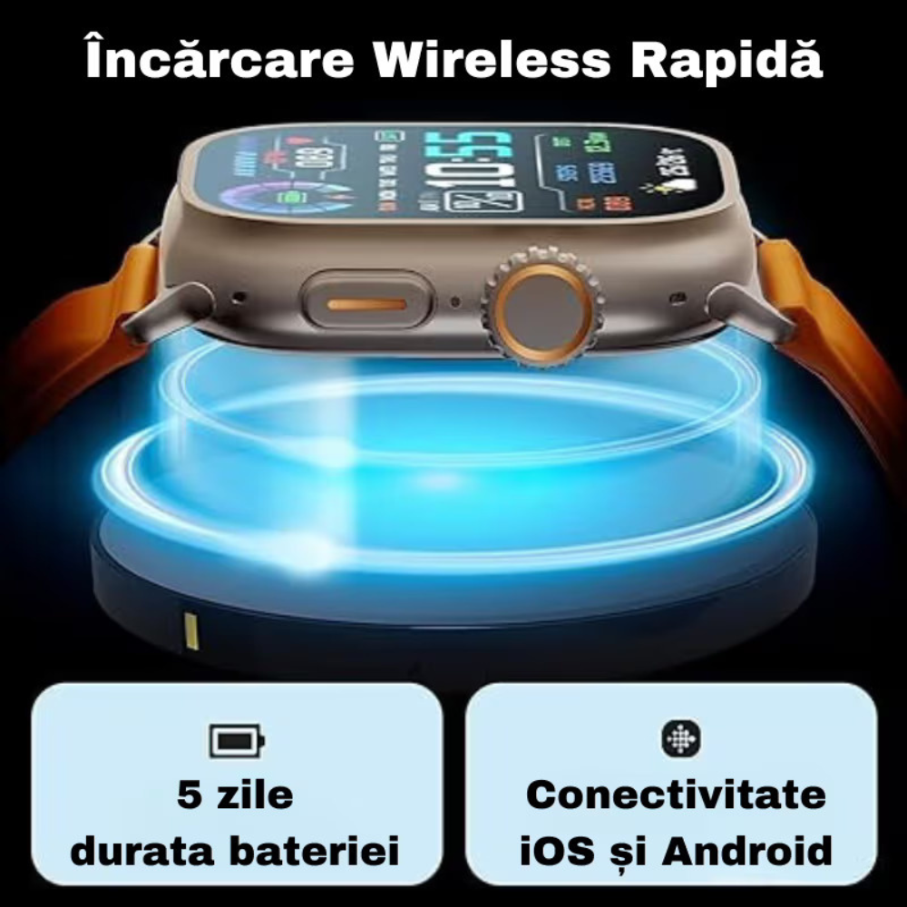 Ceas Inteligent SmartWatch Ultra 2.1 inch, Apel Bluetooth, Incarcator Wireless, 7 curele, Notificari Apel si Retele Sociale, Oximetru, Ritm Cardiac, Termometru, Monitorizare somn