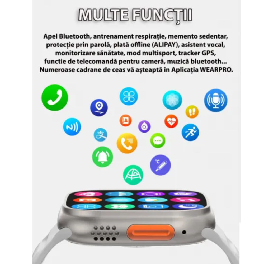 Ceas Inteligent SmartWatch Ultra 2.1 inch, Apel Bluetooth, Incarcator Wireless, 7 curele, Notificari Apel si Retele Sociale, Oximetru, Ritm Cardiac, Termometru, Monitorizare somn