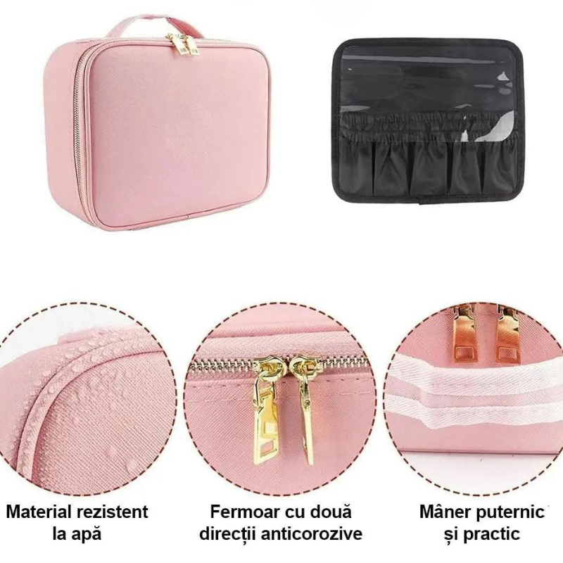 Portfard-Geanta Cosmetice cu Oglindă LED Touch, Compartimente Reglabile, Roz Pastel – Ideala pentru Voiaj și Machiaj Profesional
