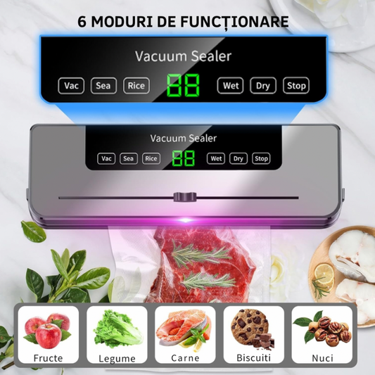 Aparat de vidat si sigilat alimente Vacuum Sealer, 120 W, ecran tactil, sterilizare UV, 30 cm, Gri