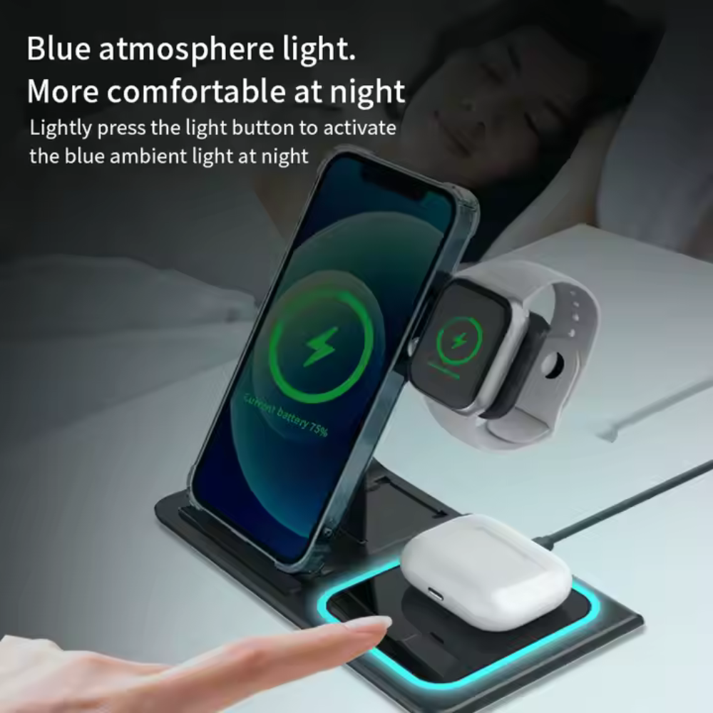 Stație de Încărcare Wireless 3 în 1 – Compatibilă cu Android, Apple Watch, AirPods | Încărcare Rapidă 15W, Design Pliabil