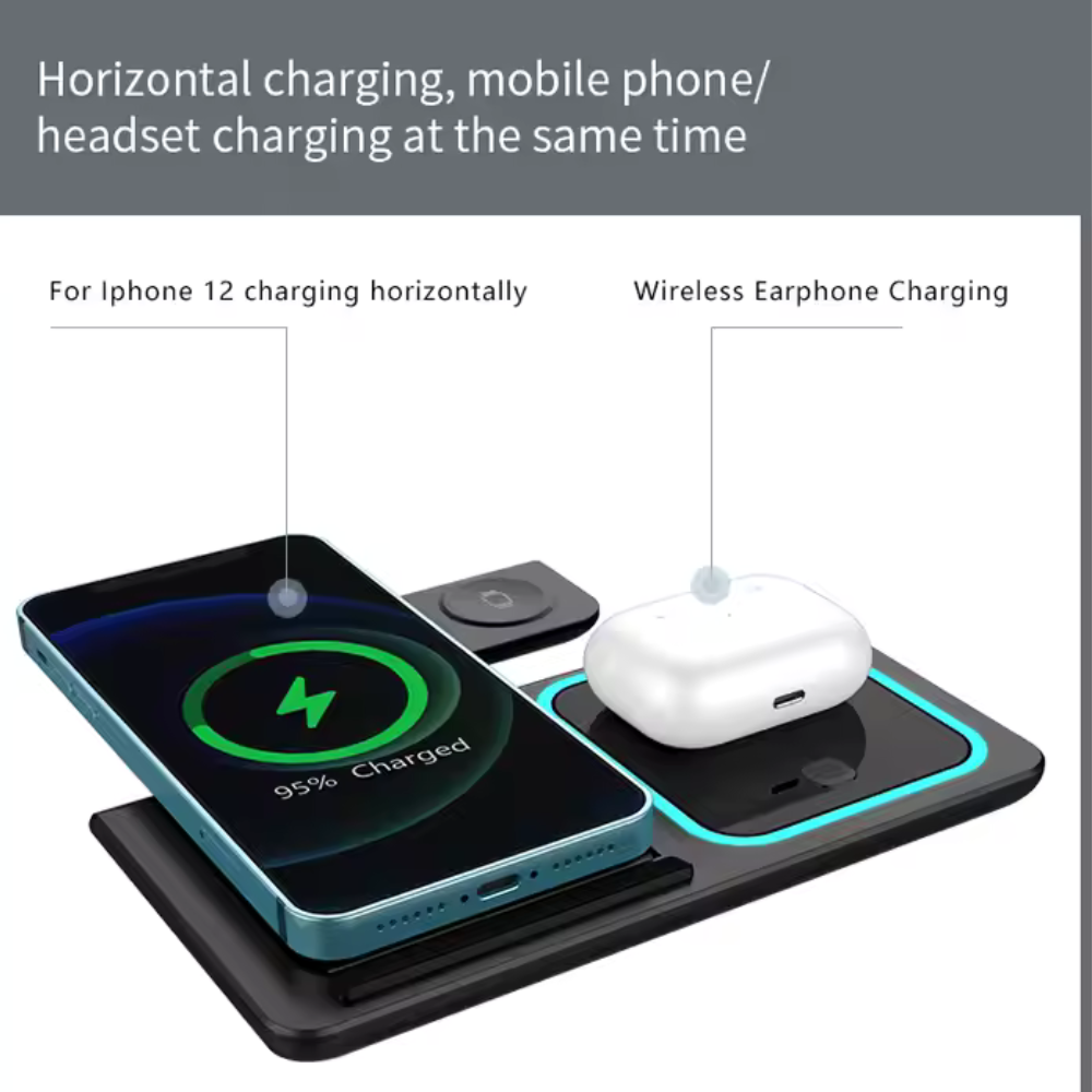 Stație de Încărcare Wireless 3 în 1 – Compatibilă cu Android, Apple Watch, AirPods | Încărcare Rapidă 15W, Design Pliabil