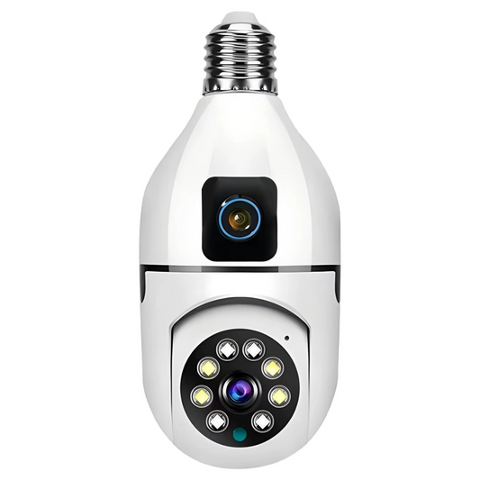 Cameră Supraveghere Bec WiFi 360° cu Două Lentile, Viziune Nocturnă Color, Audio Bidirecțional – Compatibilă Android/iOS/Windows