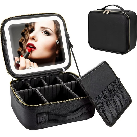 Portfard-Geanta Cosmetice cu Oglindă LED Touch, Compartimente Reglabile, Negru– Ideala pentru Voiaj și Machiaj Profesional