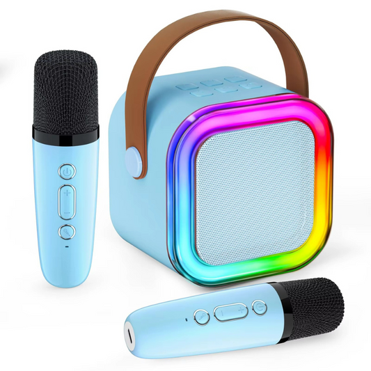 Boxa portabila Karaoke pentru copii, 2 microfoane wireless, conexiune Bluetooth,  jocuri de lumini RGB, Albastru