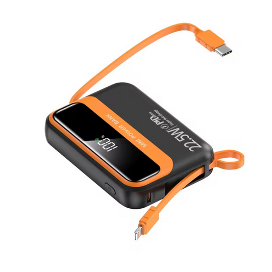 Baterie externa Power Bank 10000mAh cu Încărcare Rapidă 22.5W, Cabluri Incorporate iOS & Type-C, Display Digital, Negru