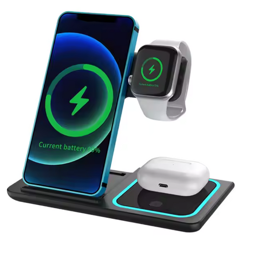 Stație de Încărcare Wireless 3 în 1 – Compatibilă cu Android, Apple Watch, AirPods | Încărcare Rapidă 15W, Design Pliabil