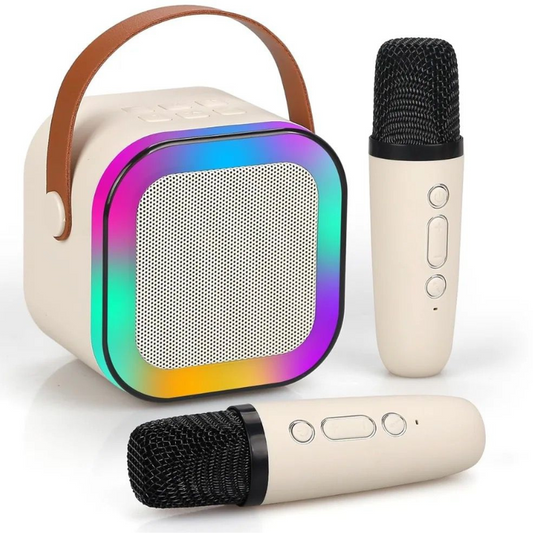Boxa portabila Karaoke pentru copii, 2 microfoane wireless, conexiune Bluetooth,  jocuri de lumini RGB, Bej