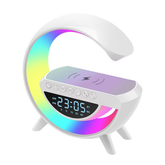 Lampa Smart LED RGB si Incarcator Wireless 15W, Boxa Bluetooth, Afisaj Ceas Digital, Alarma, Alb