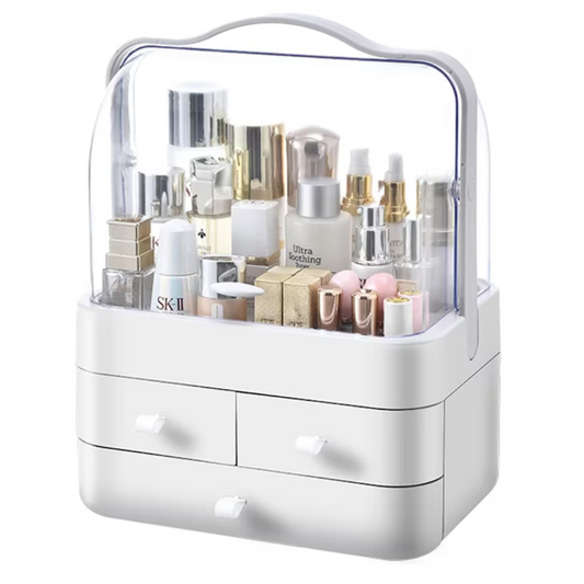 Organizator Cosmetice Portabil cu Capac Transparent și Sertare – Ideal pentru Machiaj, Parfumuri, Accesorii – Dimensiune 34x26x18 cm
